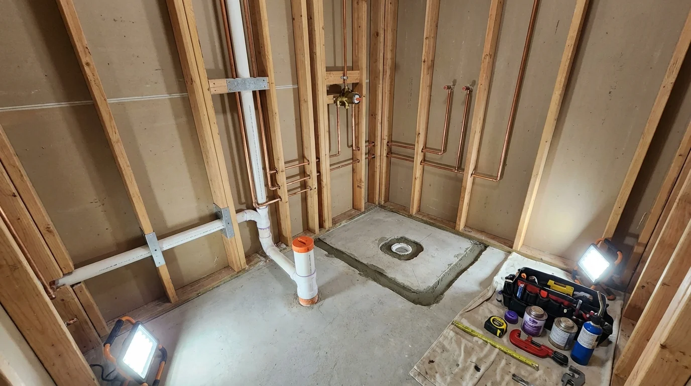 Bathroom rough-in plumbing during remodel by Johns Plumbing LLC in Chowchilla