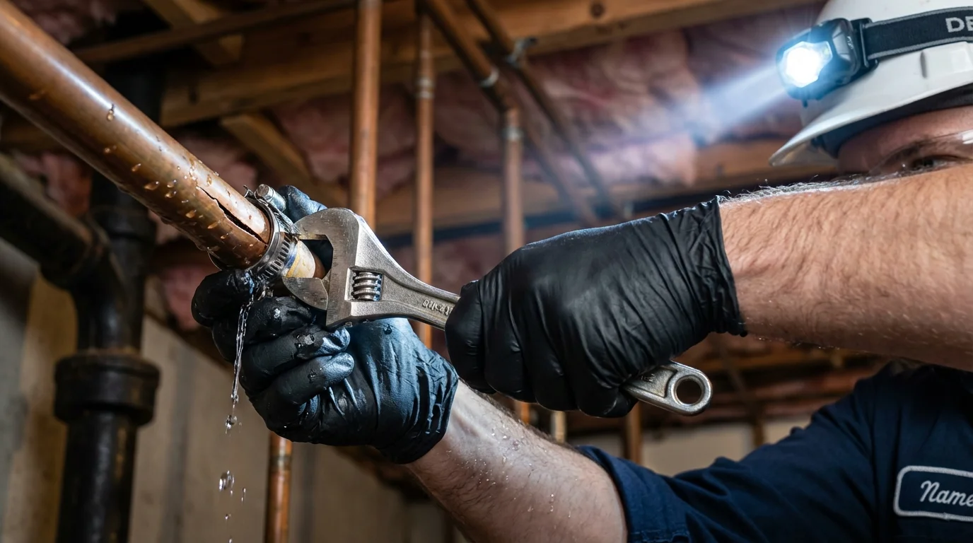 Emergency pipe clamp repair being performed by a Johns Plumbing LLC plumber in Chowchilla
